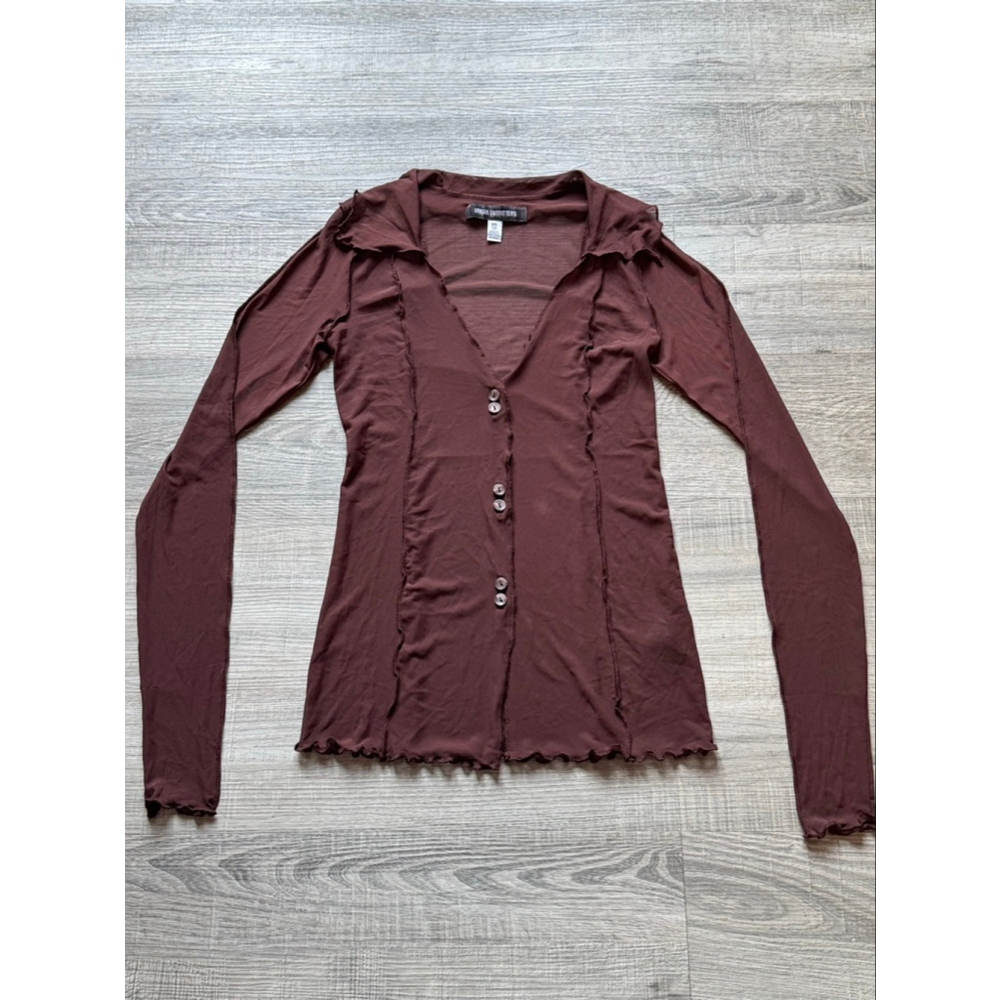Urban Outfitters Sheer Lettuce Edge Blouse NWT Brown Slim Fit Size XS